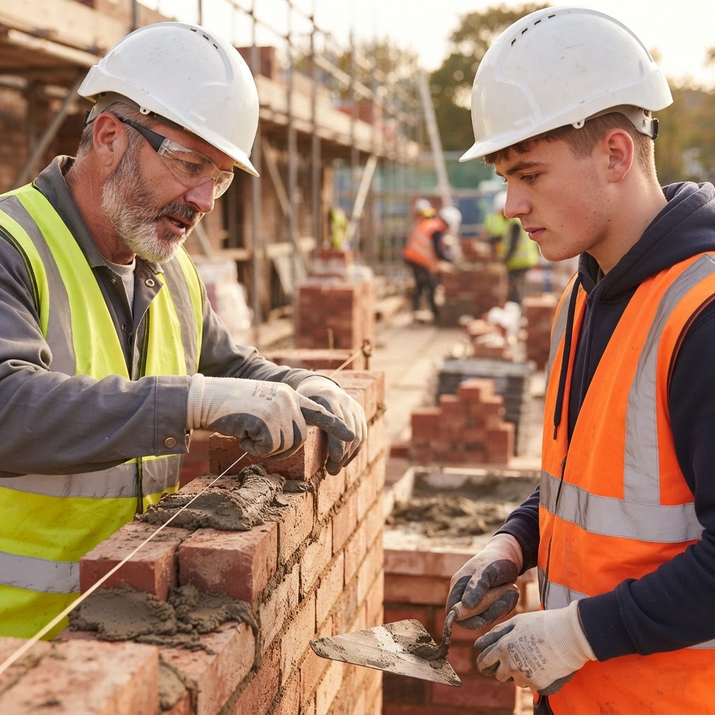 Expert instructor mentoring a bricklayer apprentice on site